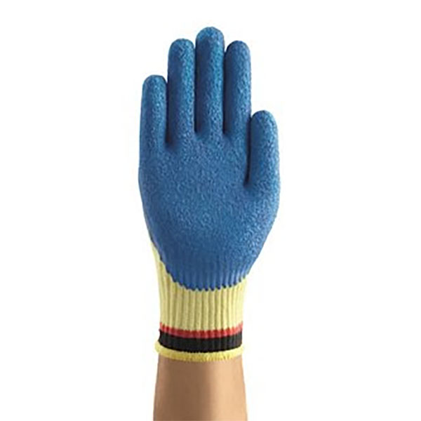 Găng tay chống cắt Ansell ACTIVARMR 80-600 có phủ cao su latex màu xanh trong lòng bàn tay giúp người sử dụng dễ cầm nắm, chống trơn trượt